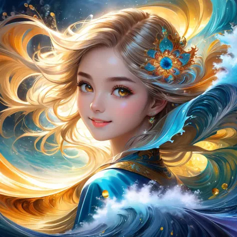 (masterpiece, top quality, best quality, official art, beautiful and aesthetic:1.2), (portrait picture, face zoom, portrait: 2.5), (1girl, 18y young woman, smiling, beautiful divine clothes, long transparent translucent hair, huge large cute fantasy eyes, golden eyes, portrait: 2), extreme detailed, (splash of paint:2), splash of water, splash of magic, fantasy, highest detailed, wonderful, beautiful, masterpiece, perfect composition, extra art, artistic, ingenious, perfect art, 8k, (intense, epic: 2), powerful rich colors, (fractal waves, movement, fractal:1.35), anime style