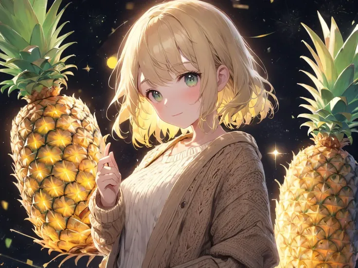 (anime, girl:1.1), (fractal:0.8), (pineapple), night background, light particles, blonde hair, cardigan,