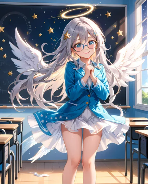 best quality,solo,prospect,superdetail,standing 1girl,glasses,hand on glasses,smiling,long hair,cute,in the classroom,leaning_forward,full body,(sunlight),(angel),dynamic angle,floating,wing,halo,floating white silk,(Holy Light),silver stars,stars in the eyes, messy floating hair, colored inner hair, Starry sky adorns hair, depth of field,