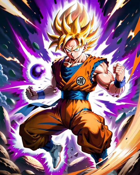 Anime, Goku, in his Super Saiyan form, battles fiercely against Frieza on a crumbling Namek. Every punch causes shockwaves, distorting the planet's very core.