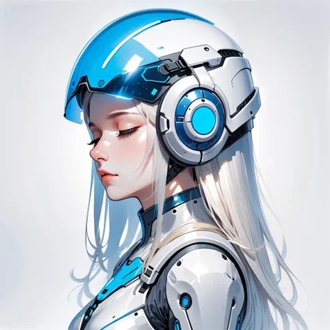 white background with thin layer of blue paint, girl in futuristic helmet, eyes closed, long hair