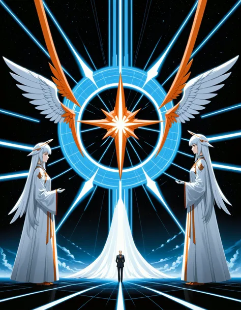 Anime Screencap by Jim Burns, Subtle orange, singularity resolution, thought-provoking, angelic trio, perfect symmetry, projection optics, flatlined