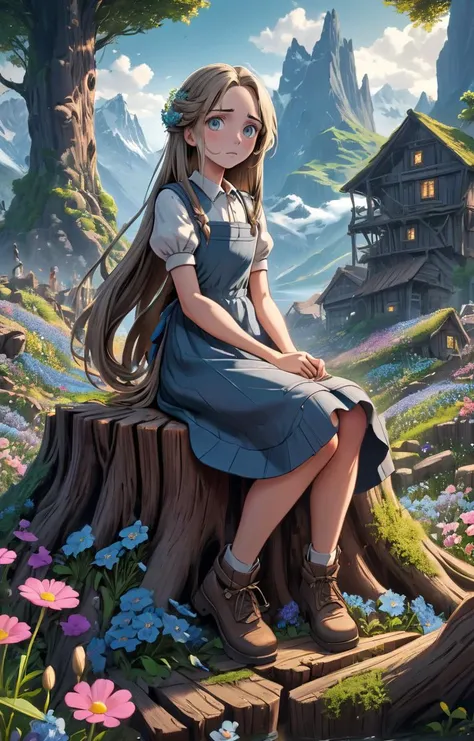extremely detailed wallpaper, perfect anime illustration, , a girl sits on a stump, shoulders, long curvy hair, pinafore dress, by Max Rive, (flowers crowded, flowers everywhere:1.1), magical atmosphere, trending on artstation, intricate details, (8k hdr:1.2), atmospheric perspective