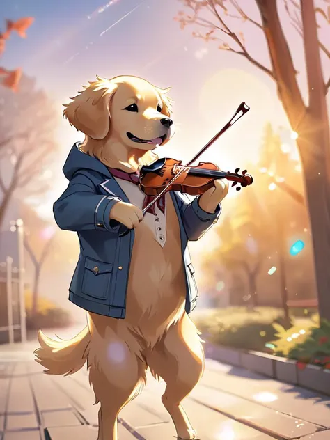 (((anime))) golden retriever playing violin, wearing jacket, outdoors, sunlight, lens flare