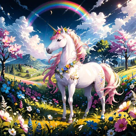 (a white unicorn with a golden horn), ((blue-pink horse mane)),  blue-pink ponytail, (straight golden horn), (flower wreath around the neck), stands on a summer meadow with many colorful flowers,  a rainbow in background, full body view, from side,
(masterpiece:1.2), (best quality:1.2), ultra-detailed, best shadow, detailed background, high contrast, (best illumination, an extremely delicate and beautiful), ((cinematic light)), hyper detail, dramatic light, intricate details, 8k, anime, very aesthetic,  <lora:add-detail-xl:0.6> <lora:xl_more_art-full-beta2:0.7>