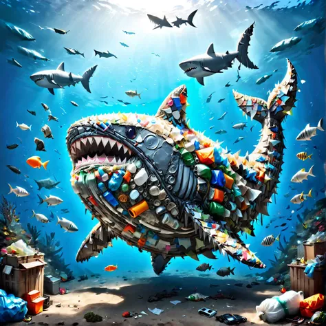 fat chonky likeable shark made of garbage, under the sea, floating, mad-garbage <lora:Garbage_SDXL:1>