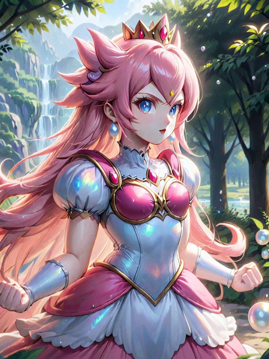 1girl, mature, small breasts, front view, princess peach, long hair, outdoor, <lora:add-detail-xl:3>, <lora:PoweringUp:1.2>, PoweringUp, <lora:OpalPearl:1>, OpalPearl, <lora:breasts_slider_v2:-5>