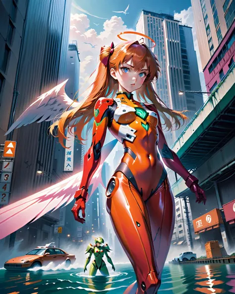Anime, Asuka Langley Soryu pilots her Evangelion Unit-02, fiercely clashing with an Angel amidst Tokyo-3's submerged streets. Building alarms blare, as the Angel's energy distorts reality, making every move crucial.