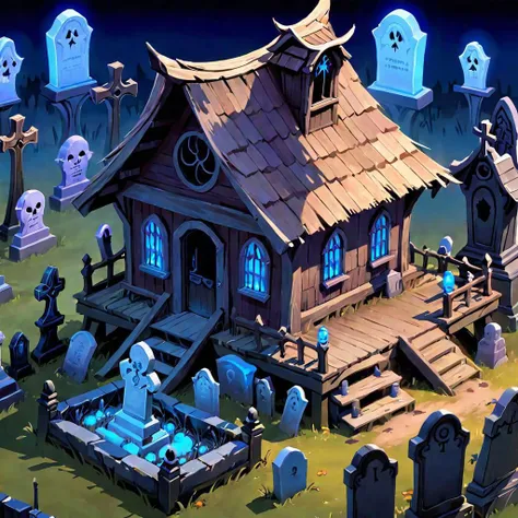 ((masterpiece, best quality)), absurdres, Isometric_Setting, old wooden shack, spooky graveyard, graves, glowing blue lights,