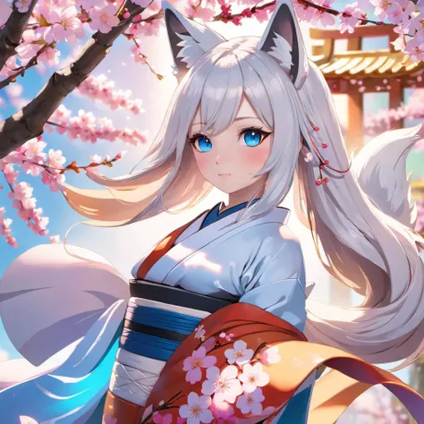 highres, highest quallity, illustration, cinematic light, ultra detailed, detailed face, (detailed eyes), best quality, hyper detailed, masterpiece, (detailed face), fox ears, fox tail, white hair, kimono, blue eyes, shrine maiden, cherry blossoms, highest details, luminous eyes, medium breasts, backlighting, light rays, (high contrast), (colorful),