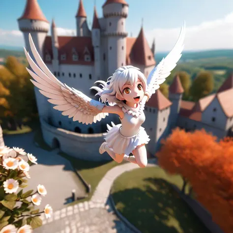 anime, ambient occlusion, bokeh, bloom, harpy girl flying over a medieval castle