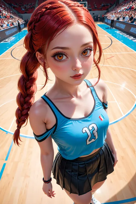1girl,basketball court,sports shirt,bare shoulders,plated skirt,red hair,amber eyes,thick lips,long eyelashes,eyeshadow,red eyeliner,long braid hairstyle,full shot,from_below,fisheye,smirk,, <lora:xl_more_art-full_v1:0.3>,<lora:add-detail-xl:0.3>, (masterpiece, stunning, high details:1.2), detailed and intricate, intricate details, high intricate details,absurd amount of details,absurdres,high resolution, (RSEEmma:1.1),<lora:RSERomantic_RSESofiko_RSEEmma:0.3>, perfect ligthing, bloom, cinematic lighting, perfect skin, highly textured skin