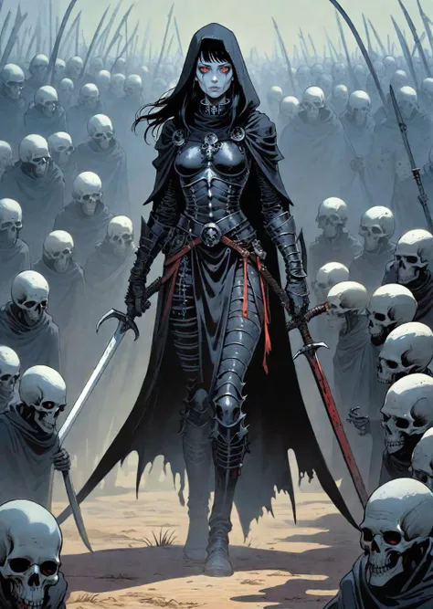 a gorgeous female human necromancer, black armor, serious looking, by Jean Giraud walking among an undead army, scythe high contrast, best shadow, by Jean Giraud