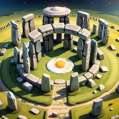 masterpiece, best quality, ultra details, 4K, 8K, extremely detailed, ultra detailed background, Isometric_Setting,
Stonehenge, ufo made by fried egg,
Tilt-shift photography,