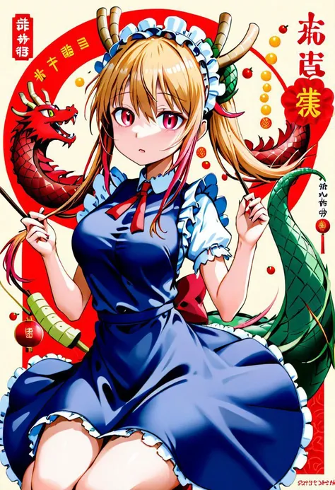 tohru \(maidragon\), Miss Kobayashi's Dragon Maid, dragon girl, maid outfit, dragon tail, dragon horns, slit pupils, Chinese Lunar New Year of the Dragon