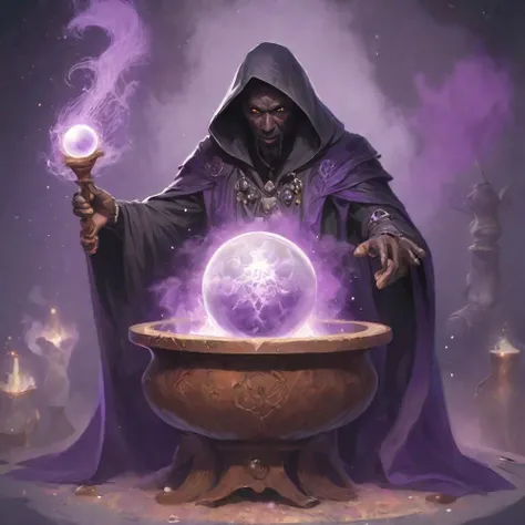 Illustration of a black magician with a mysterious, tattered cloak adorned with intricate arcane symbols, holding a wooden staff crackling with dark energy, standing in front of a bubbling cauldron as wisps of purple smoke curl in the air, with a crystal ball and ancient spellbooks on a nearby table