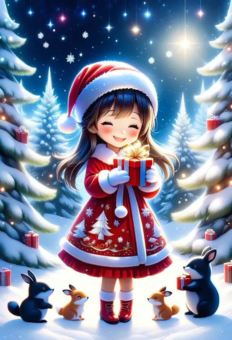 cute girl wearing red Christmas dress and mittens is holding Christmas present, big happy smile with closed eyes, ^_^, surrounded by small woodland animals,
(snowy forest, moonlight, Christmas trees), (sparkles, sparkling clothes, sparkling eyes), (masterpiece, best quality)