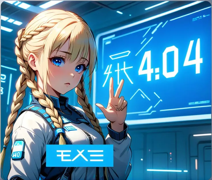 woman, blond hair, braids, piece gesture, blue sign with text "404", futuristic indoors, realisitc anime style, <lora:Harrlogos_v1.1:0.8>