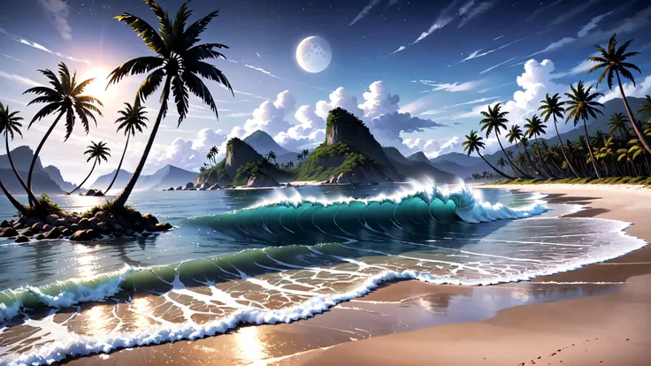 (no people around),
beach, peninsula, palm trees, waves, caustic, moon, night, deflection