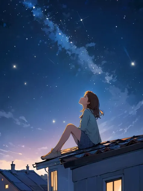 girl sitting on roof under the starry sky looking up at the sky, profile