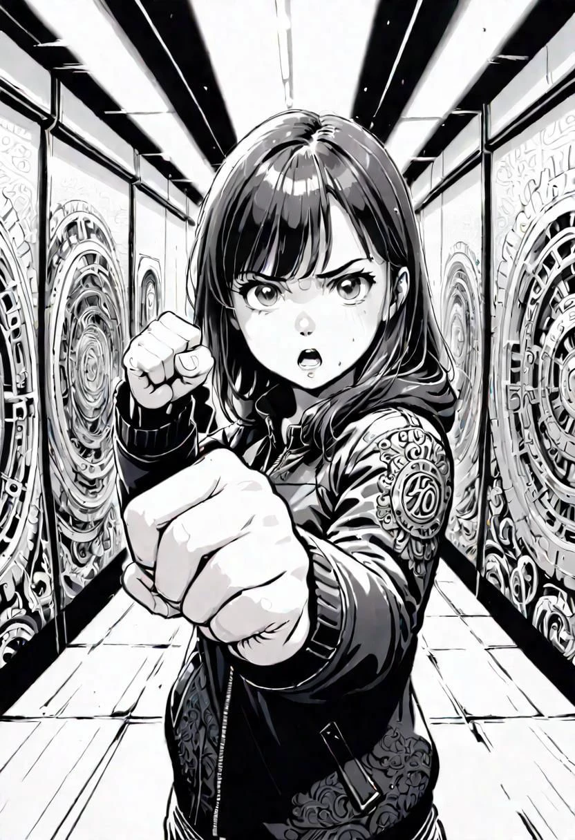 intricate detail, vanishing point, 1girl, solo, Throwing a fist at the viewer