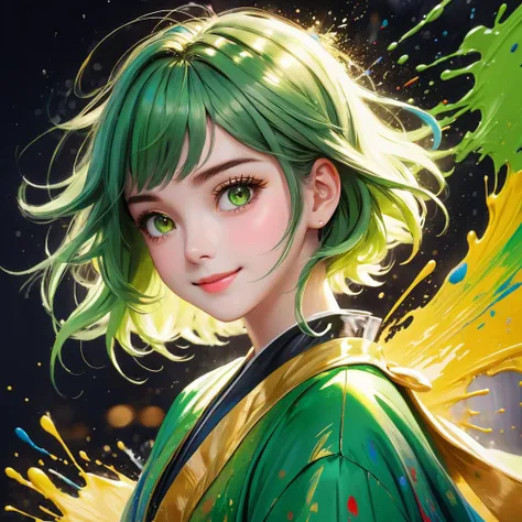 (masterpiece, top quality, best quality, official art, beautiful and aesthetic:1.2), (portrait picture, face zoom, portrait: 2.5), (1girl, 18y young woman, smiling, beautiful divine clothes, short green hair, huge large cute fantasy eyes, golden eyes, portrait: 2), extreme detailed, (splash of paint:2), highest detailed, beautiful, masterpiece, perfect composition, artistic, perfect art, 8k, powerful rich colors, anime style