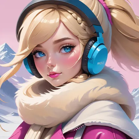 masterpiece, best quality, (colorful), cinematic lighting, extremely detailed CG unity 8k wallpaper, realistic, detailed, 1girl wearing Fuzzy earmuffs fluffy scarf , Average Height, Fit, Triangular Face, Tan Skin, Blonde Hair, blue Eyes, Short Nose, Thick Lips, Round Chin, Long Hair, Wavy Hair, Blunt Bangs, perky breasts, Cuff earrings, hot pink cream lipstick, modernism oil painting, elegant, Grunge, Aliens