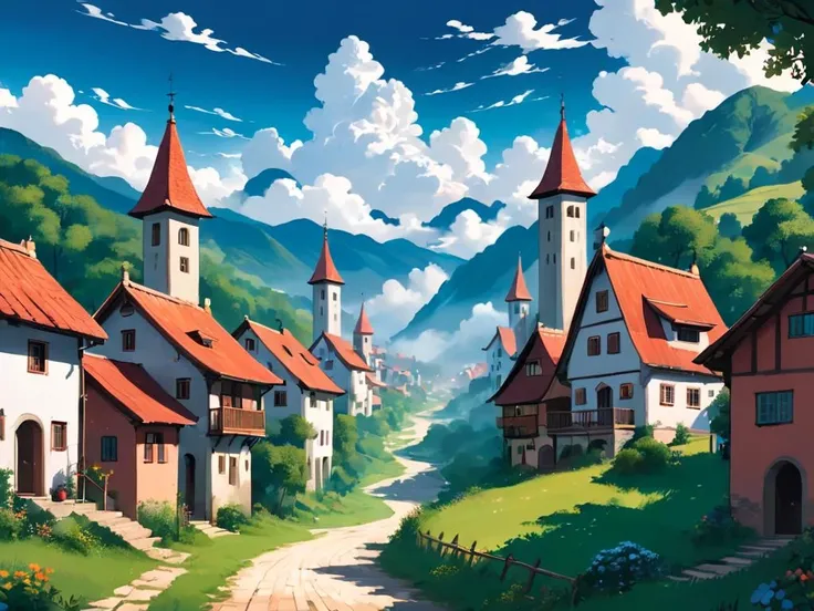 At the end of the valley is a village with towering towers and clouds in the sky, <lora:picbookXLloraV1:0.6>