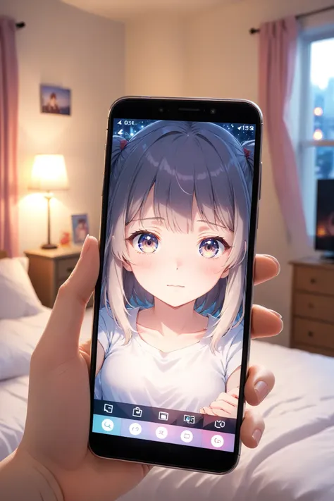 photo, anime girl on screen of smartphone, bedroom, pov, Bokeh