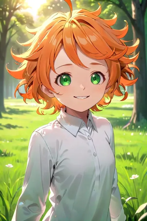 <lora:neverland-emma-000008:0.7>
a girl neverland_emma standing on a beautiful green field with trees in the background,
she has green eyes, short hair and wears a long sleeved white collared shirt, she has orange hair
she has a bright smile,
the sun is setting,
The soft lighting and detailed surroundings create an immersive environment where imagination runs wild hyper-detailed,
hyper-detailed face, high quality visuals, dim Lighting, sharply focused, octane render, 8k UHD