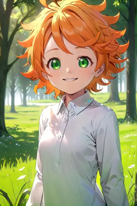 <lora:neverland-emma-000008:0.7>
a girl neverland_emma standing on a beautiful green field with trees in the background,
she has green eyes, short hair and wears a long sleeved white collared shirt, she has orange hair
she has a bright smile,
the sun is setting,
The soft lighting and detailed surroundings create an immersive environment where imagination runs wild hyper-detailed,
hyper-detailed face, high quality visuals, dim Lighting, sharply focused, octane render, 8k UHD