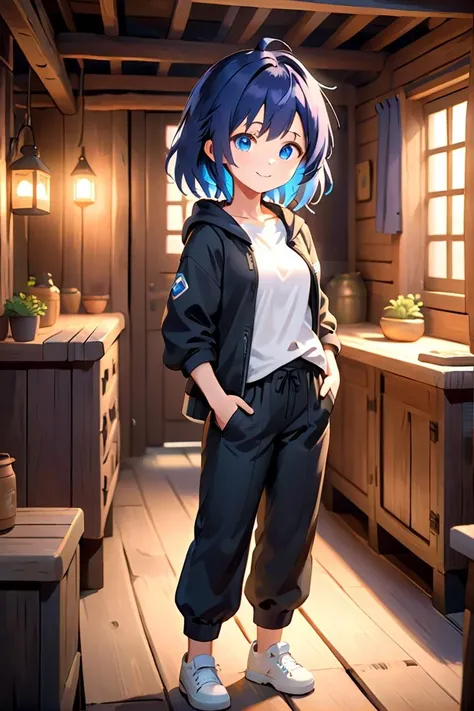 <lora:cutifiedanimecharacterdesign_variant_type_A_SDXL_v10:0.7>
one girl standing alone in a wooden village, eyes are blue, hair is short, wearing a white long t-shirt and black wide pants, flat chest, jacket
full body, looking at viewer, smile,
The soft lighting and detailed surroundings create an immersive environment where imagination runs wild,
hyper-detailed, high quality visuals, dim Lighting, ultra-realistic, sharply focused, octane render, 8k UHD