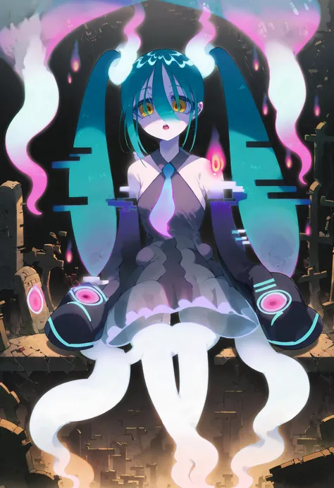 Anime - style image of woman with pink background, Octopus Legs Concept art inspired by Takamitsu Awataguchi, Pixiv Contest Winner, neo-dada, holy cyborg necromancer girl, white horns queen demon, anime monster girl, mika kurai demon, depraved cybernetic demon, 3D abstract twisted fluid liquid shape with glowing water droplets