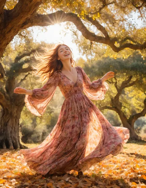 On a whimsical Sicilian afternoon, capturing the essence of her free spirit, stood Sicily Rose garbed in bohemian attire - a vintage floral maxi dress with flowing, billowing sleeves, dancing effortlessly as the wind lifted her skirt beneath an enchanting grove of ancient trees on a golden autumn day, where the camera angles from high up in a towering oak tree's branch, perfectly framing her radiant smile and ethereal grace, as she played with abandon, lost in this mystical moment. <lora:mqnjyw18f926603e8l155:1>