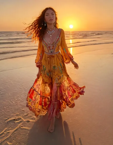 Sicily Rose, adorned in her captivatingly colorful bohemian dress and intricate handcrafted accessories, walked along the serene, sandy shore of a tranquil beach as the fiery golden sunset cast its enchanting glow upon her, making each moment a memorable, ethereal spectacle from a seemingly divine aerial perspective. <lora:mqnjyw18f926603e8l155:1>