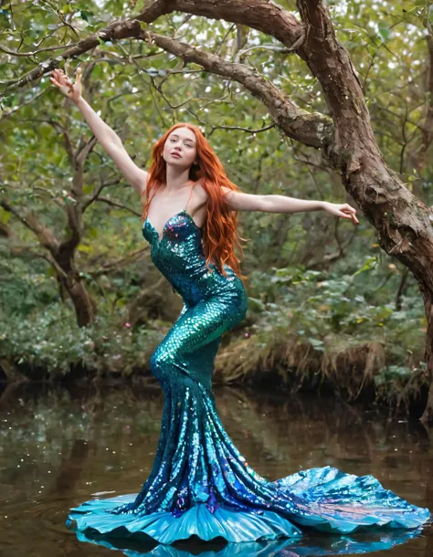 In this vividly imaginative scene, Sicily Rose stood as an elegant vision in her mesmerizing mermaid tail gown of glittering sequins, the colorful fabric cascading along her graceful form, while a whimsical mythical forest tree encircled her, its branches intertwining with her long hair and blue eyes, reflecting the otherworldly atmosphere of this surreal world as she effortlessly balanced on one foot, seeming to defy the laws of nature and gravity. <lora:wzgtzr18f925374faw117:1>