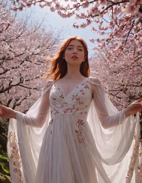 In this idyllic scene, Sicily Rose, a confident, radiantly beautiful woman dressed in an enchanting white gown with intricate delicate embroidery and soft drapery, stands poised beneath the magical cascade of cherry blossoms, effortlessly posing for the camera, capturing the essence of grace, tranquility, and ethereal beauty as she gazes upwards, seemingly in awe of the canopy created above her by the drone camera's graceful hover, immortalizing this breathtaking moment in time. <lora:mqnjyw18f926603e8l155:1>