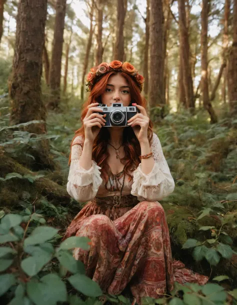 In this enchanting scene, Sicily Rose - the mysteriously alluring woman donning a bohemian-inspired outfit and wielding her vintage camera - poses effortlessly within the whimsical forest, creating a captivating composition with a low angle perspective that highlights both her presence and the surrounding magical ambiance. <lora:wzgtzr18f925374faw117:1>