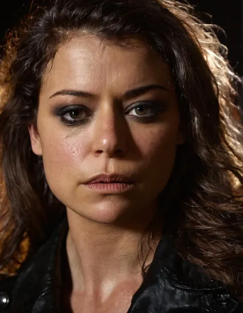high resolution raw dslr close-up photo of tatms, a woman,long wavy hair side part,black leather jacket,front view,looking at viewer,dark,dimly lit,illuminated from behind,realistic skin texture,pores,sweaty skin,cinematic,depth of field,masterpiece,volumetric lighting,cinematic,surreal dramatic shadow,rim lighting