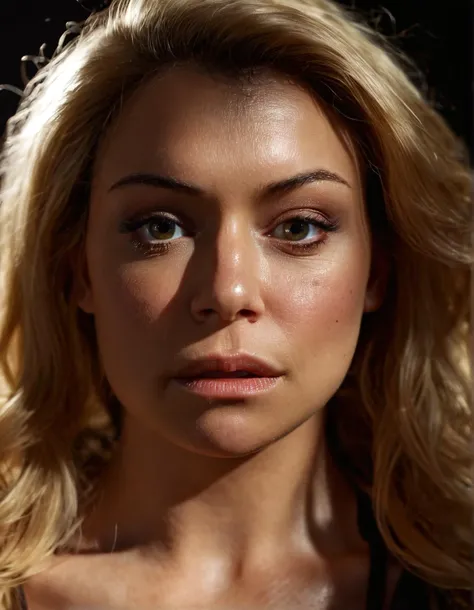high resolution raw dslr close-up photo of tatms, a woman,long blonde wavy hair,front view,looking at viewer,dark,dimly lit,illuminated from behind,realistic skin texture,pores,sweaty skin,cinematic,depth of field,masterpiece,volumetric lighting,cinematic,surreal dramatic shadow,rim lighting
