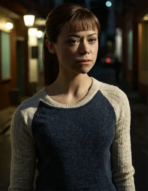 high resolution raw dslr full body shot photo of tatms, a woman,ponytail with bangs,sweater,front view,in a street,looking at viewer,dark,dimly lit,illuminated from behind,realistic skin texture,pores,sunny,sweaty skin,cinematic,depth of field,masterpiece,volumetric lighting,cinematic,surreal dramatic shadow,rim lighting