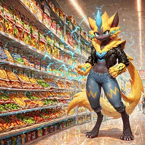 score_9, score_8_up, score_7_up, score_6_up, score_5_up, score_4_up, score_safe, full body portrait, an anthro female zeraora wearing a leather jacket, (sparkling blue electricity:1.15), yellow fur, detailed background, amazing_background, supermarket, darkgem