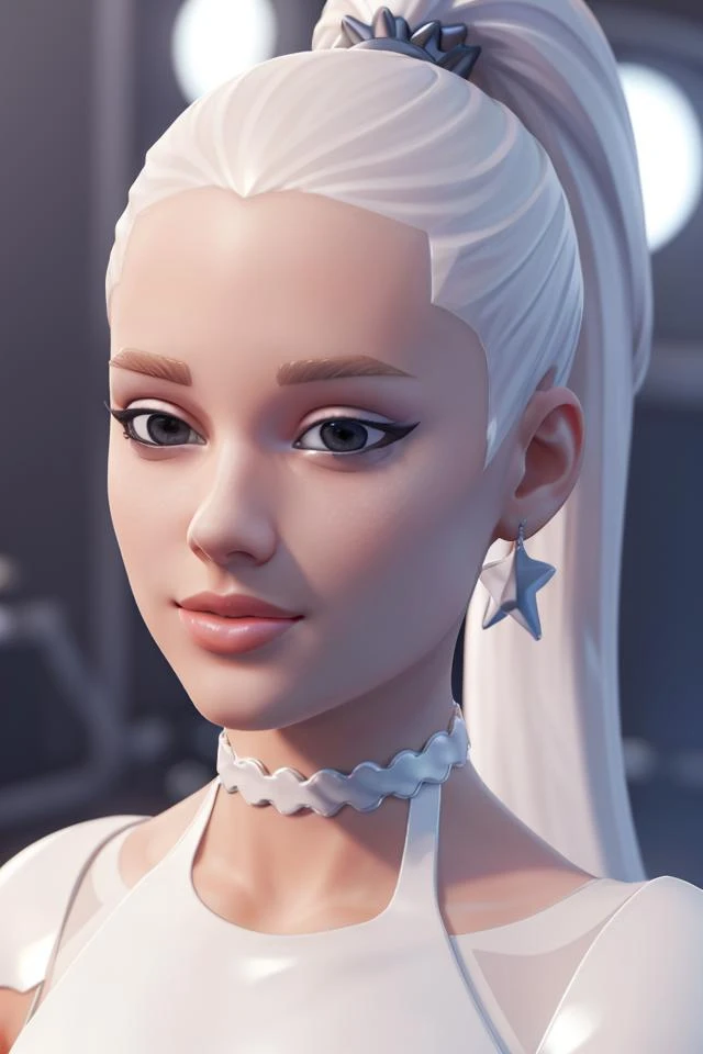<lora:VRAMsAriana640:0.5>, xyzariana, 1girl, concert, high ponytail, stage, 3d model, octane render, white latex, closeup, masterpiece, choker, mini skirt, opalescent. pearlescent, dramatic, happy, makeup, closeup, portrait