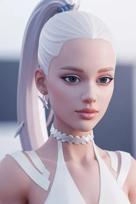 <lora:VRAMsAriana640:0.5>, xyzariana, 1girl, high ponytail, 3d model, octane render, white latex, closeup, masterpiece, choker, mini skirt, opalescent. pearlescent, dramatic, happy, makeup, closeup, portrait