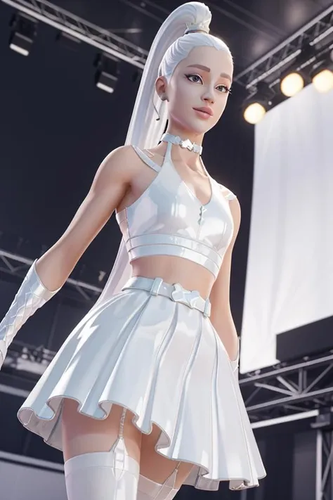 <lora:VRAMsAriana640:0.5>, xyzariana, 1girl, concert, stage, 3d model, octane render, white latex, closeup, masterpiece, choker, mini skirt, opalescent. pearlescent, dramatic, happy