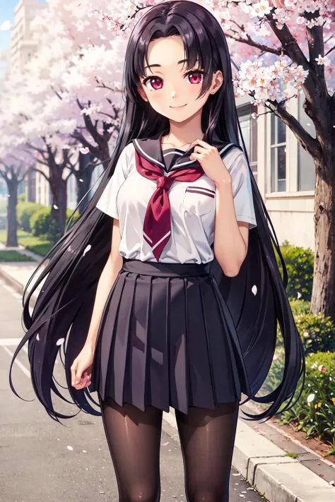 masterpiece,best quality,highres,ultra-detailed,shuutai,long hair,<lora:shuutai:0.6>,(school uniform:1.2),pantyhose,outdoors,cherry blossoms,street,smile,