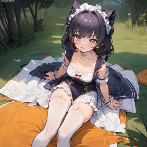 xiaocj,1girl,parted lips,blush,light smile,glow,thighs,purple eye,collarbone,sunbeam,sunlight,rose,(masterpiece),looking at viewer,maid uniform,digitigrade,