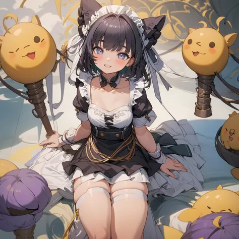 xiaocj,1girl,parted lips,blush,light smile,glow,thighs,purple eye,collarbone,sunbeam,sunlight,(masterpiece),looking at viewer,maid uniform,digitigrade,
