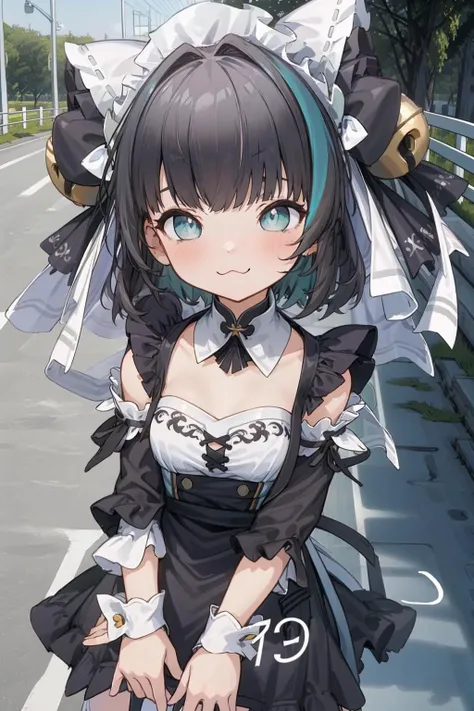 xiaocj,1girl,:3,aqua_eyes,bangs,black_dress,blush,breasts,building,bush,castle,cheshire_\(azur_lane\),closed_mouth,detached_sleeves,dress,fake_animal_ears,forest,frills,grass,hairband,house,lamppost,looking_at_viewer,maid,maid_headdress,multicolored_hair,smile,solo,streaked_hair,portrait,age regression,
