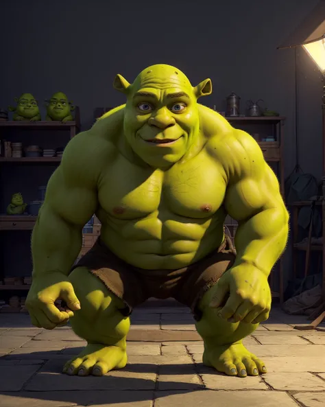 shrek as 1boy, green skin, handsome, bulk, muscilar posing in a dark studio, (rim lighting,:1.4) two tone lighting, sharp focus, teal hue, octane, unreal, dimly lit, low key,